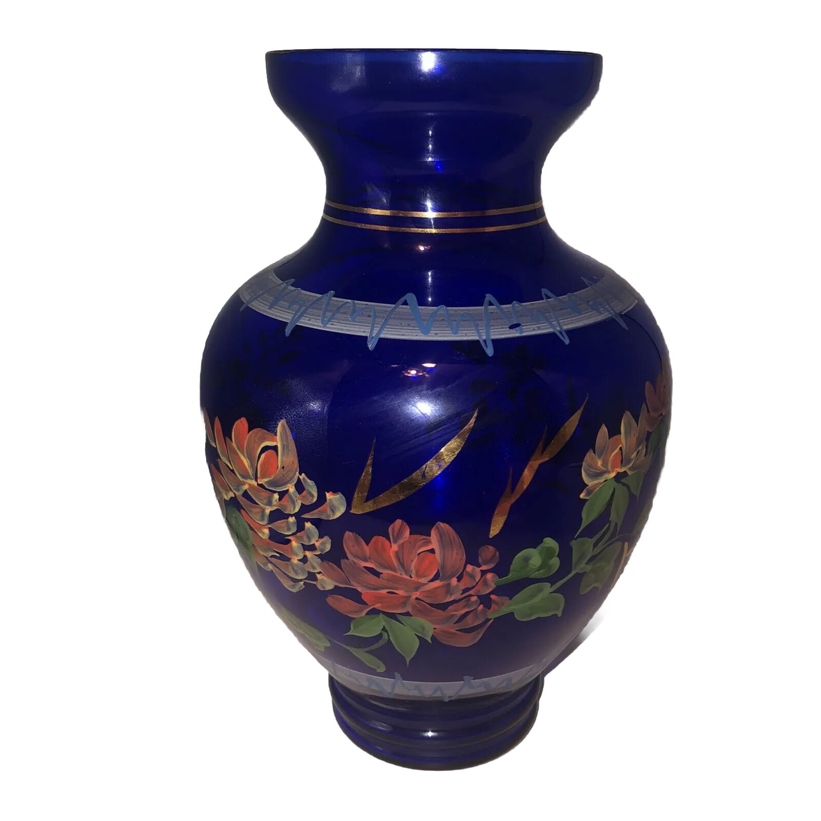 Vintage Hand-Painted Cobalt Blue Glass Large 10 1/2 Inch Vase Beautiful