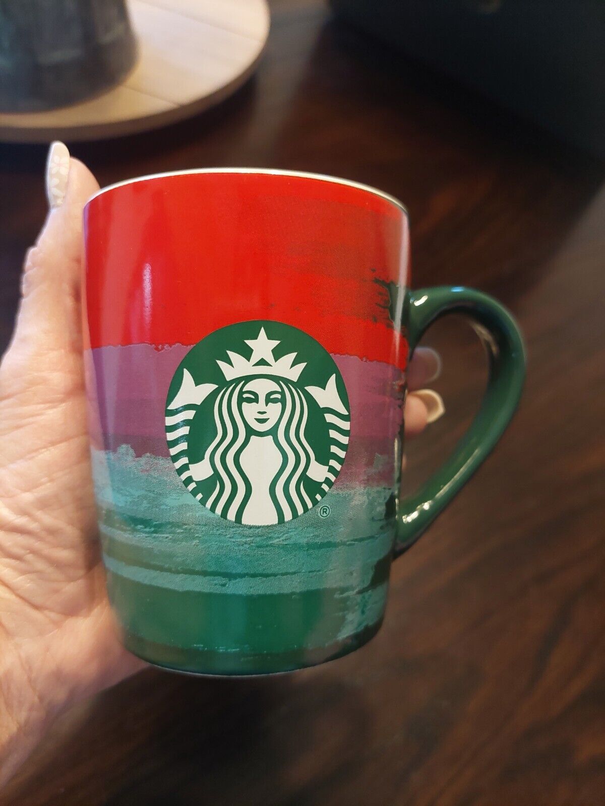 2021 Starbucks Collectible Brushstroke Stripes Red Green Coffee Mug 10 oz