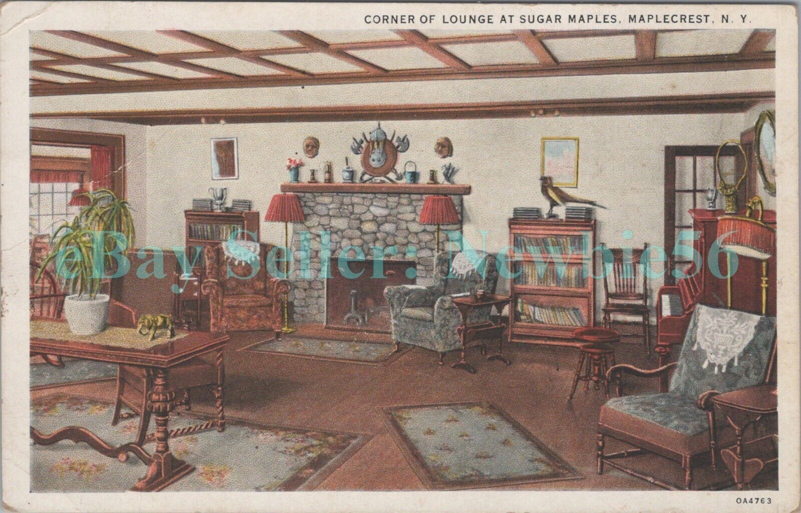 Maplecrest NY - INTERIOR LOUNGE AT SUGAR MAPLES HOTEL - c1920s Postcard Windham