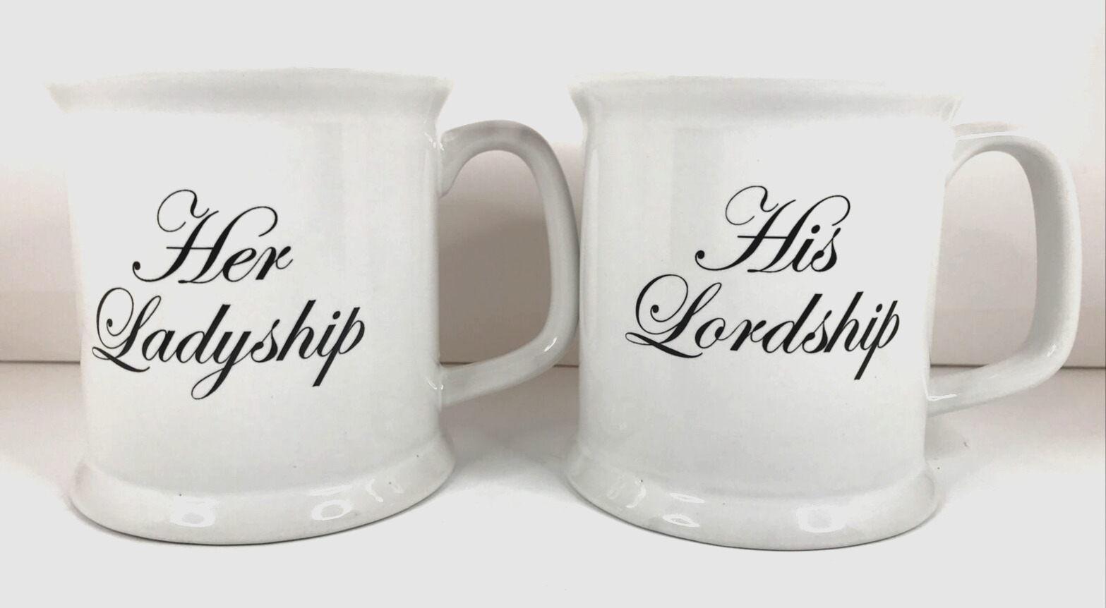 Her Ladyship His Lordship Coffee Tea Cups Pair Mugs EUC White Black Letters