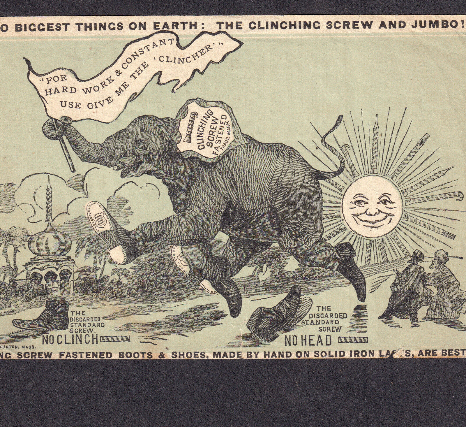 Jumbo 1880\'s Biggest Elephant on Earth Shoe Screw India Sun Victorian Trade Card