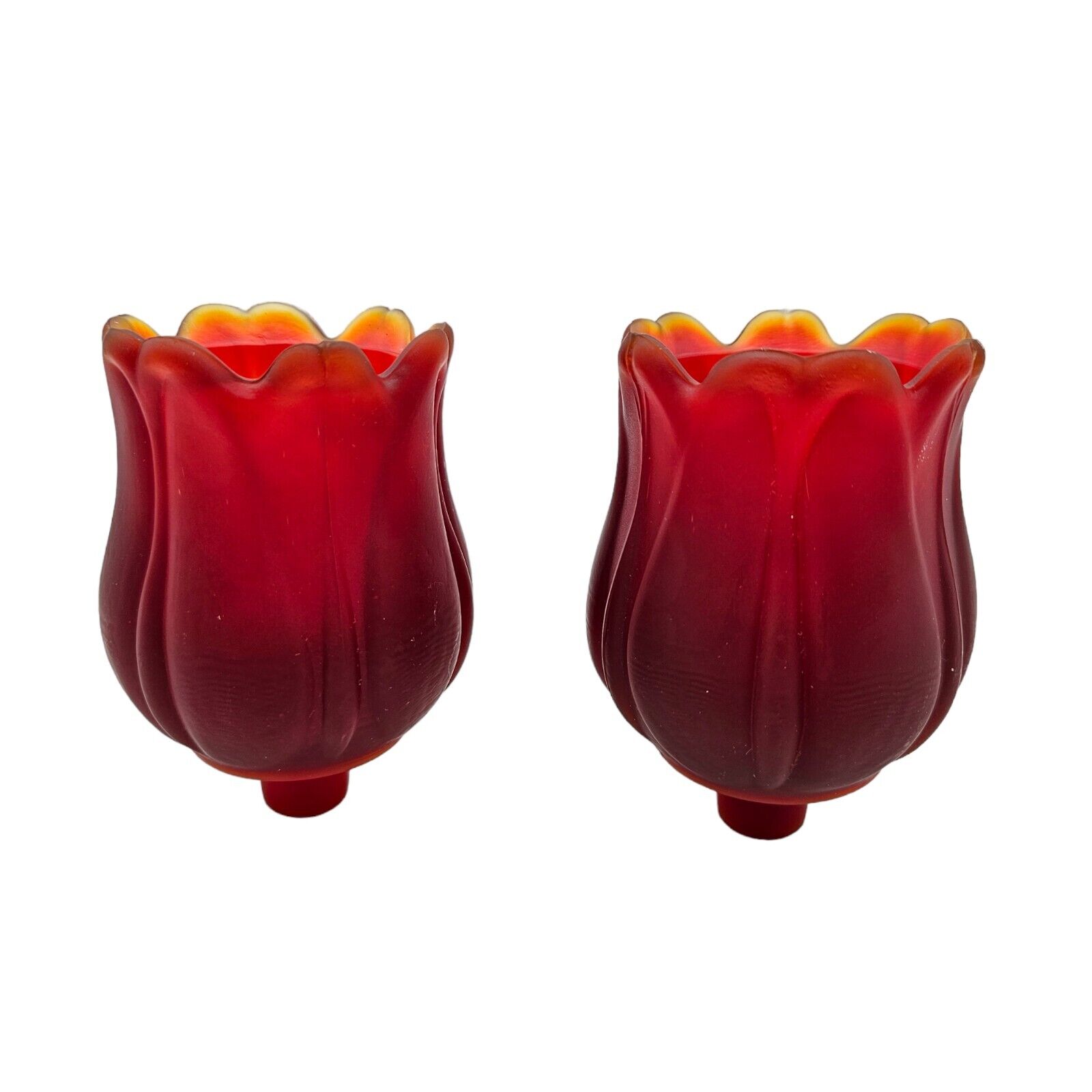 2 Vintage FAROY Red Amberina Glass TULIP Peg Votive Candle Holders Satin Glows