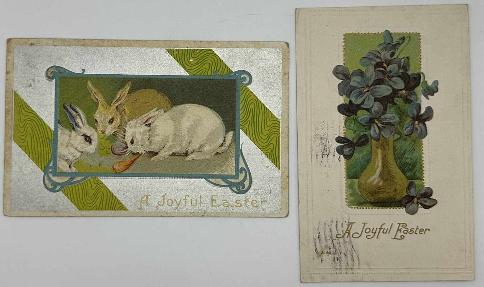 Antique 1910-1911 A Joyful Easter Postcard Lot Of 2 Bunnies W/ Veggies, Flowers