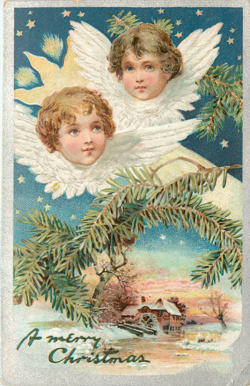 Embossed Tuck Christmas Postcard 136 Angel Head Above Watermill