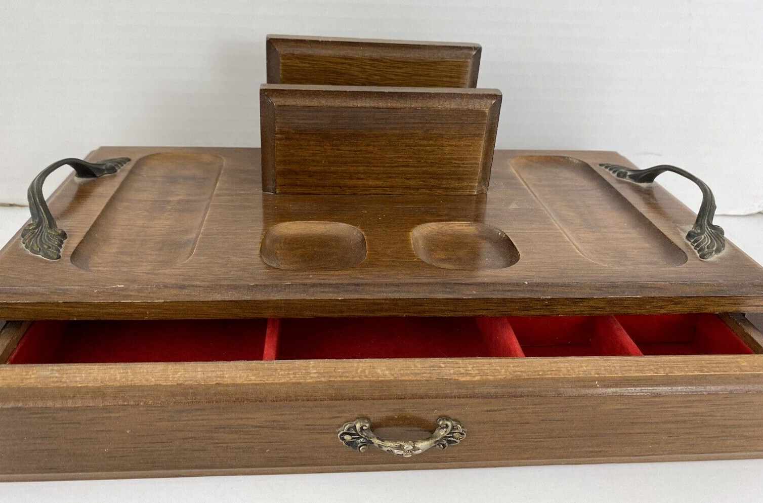 Vintage MCM Mens Wood Dresser Valet Secretary Organizer Jewelry Box Dark