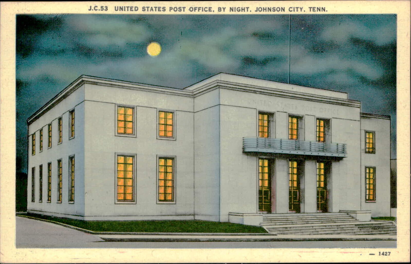 Postcard: J.C.53 UNITED STATES POST OFFICE, BY NIGHT. JOHNSON CITY. TE
