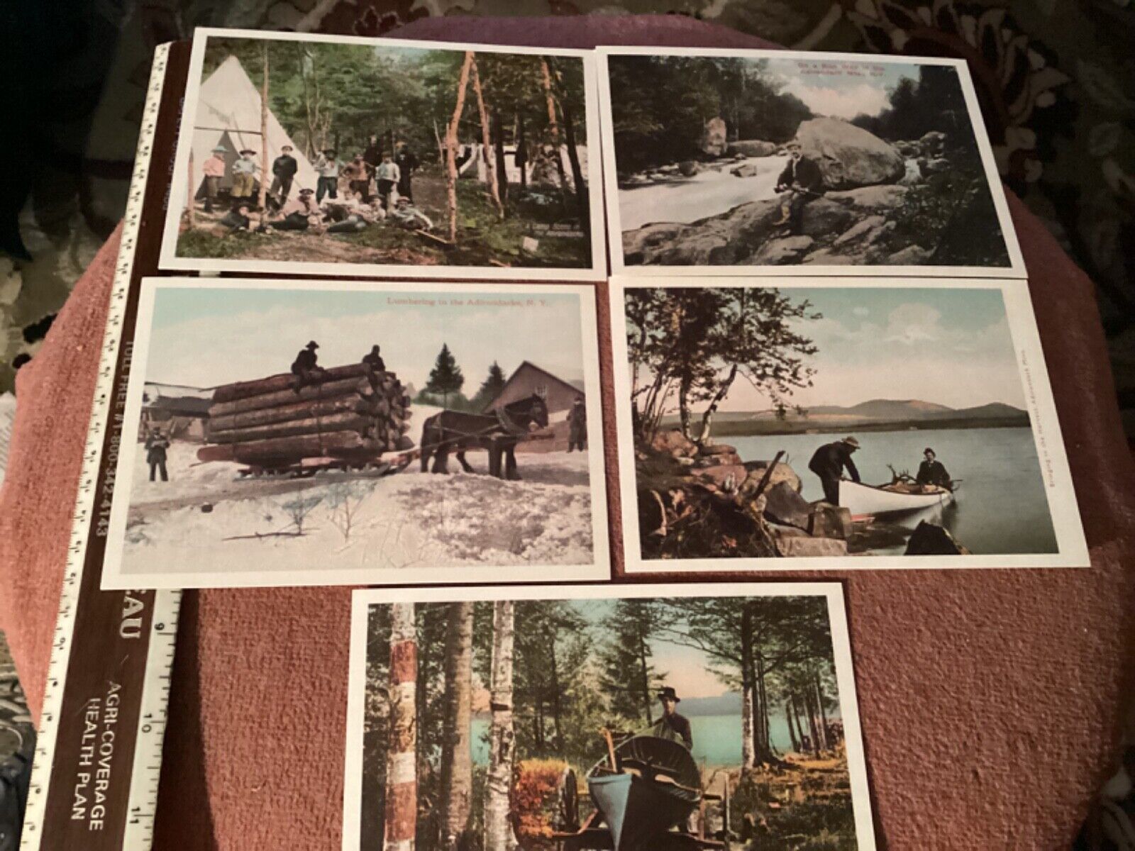 5 Adirondack Mountains vintage postcards,colorized reproductions,hunting,logging