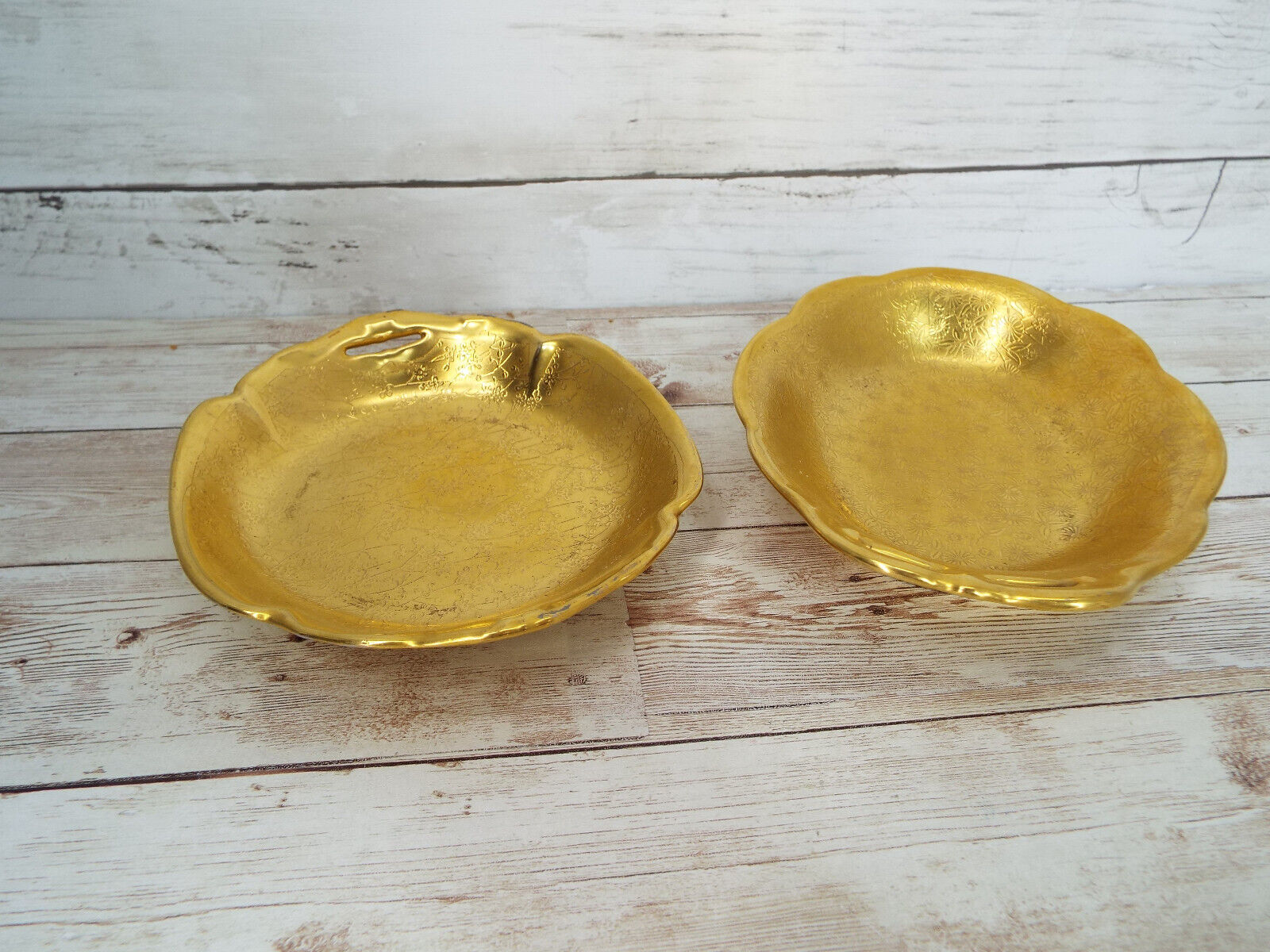 Vintage Pickard China Gold Etched Floral Pair of Trinket Dishes