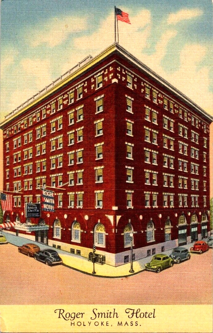 Roger Smith Hotel Holyoke Mass Postcard Old Cars Autos Parked