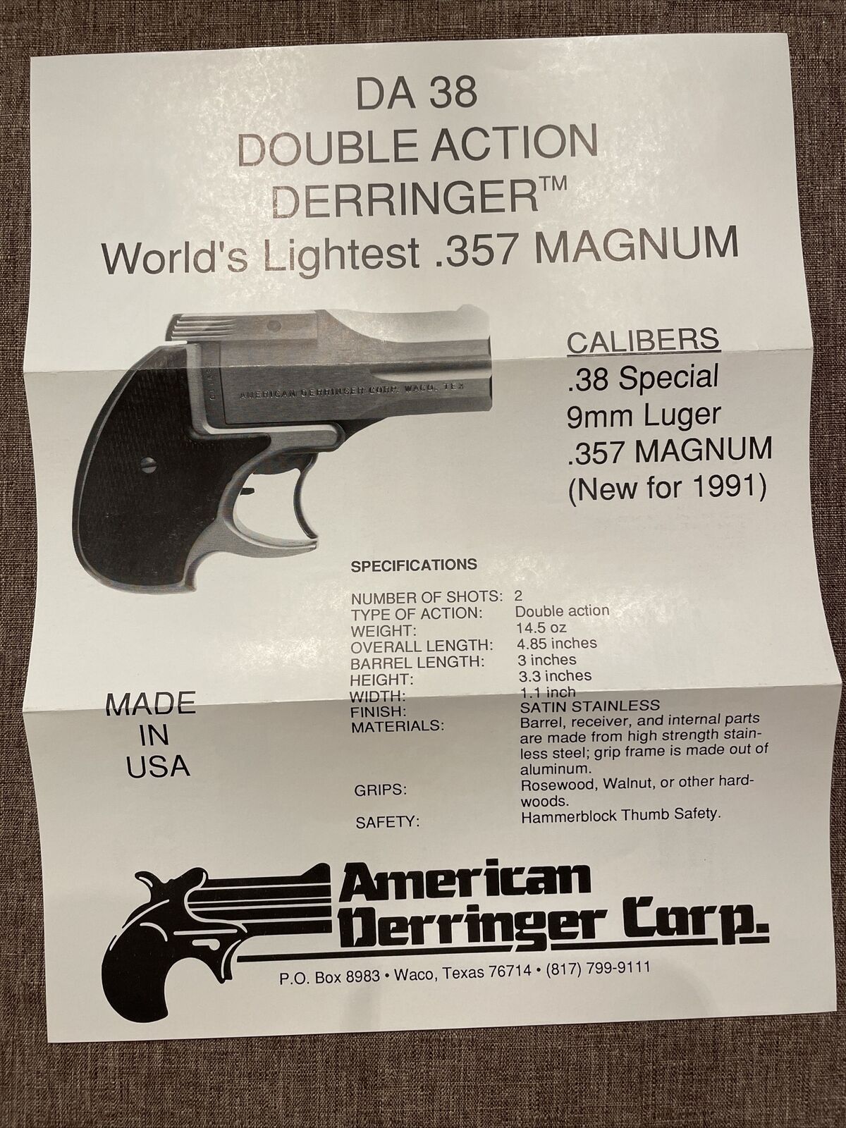 Original 1991 AMERICAN DERRINGER Corp. Sales Flier Double Action DA38, .357, 9mm