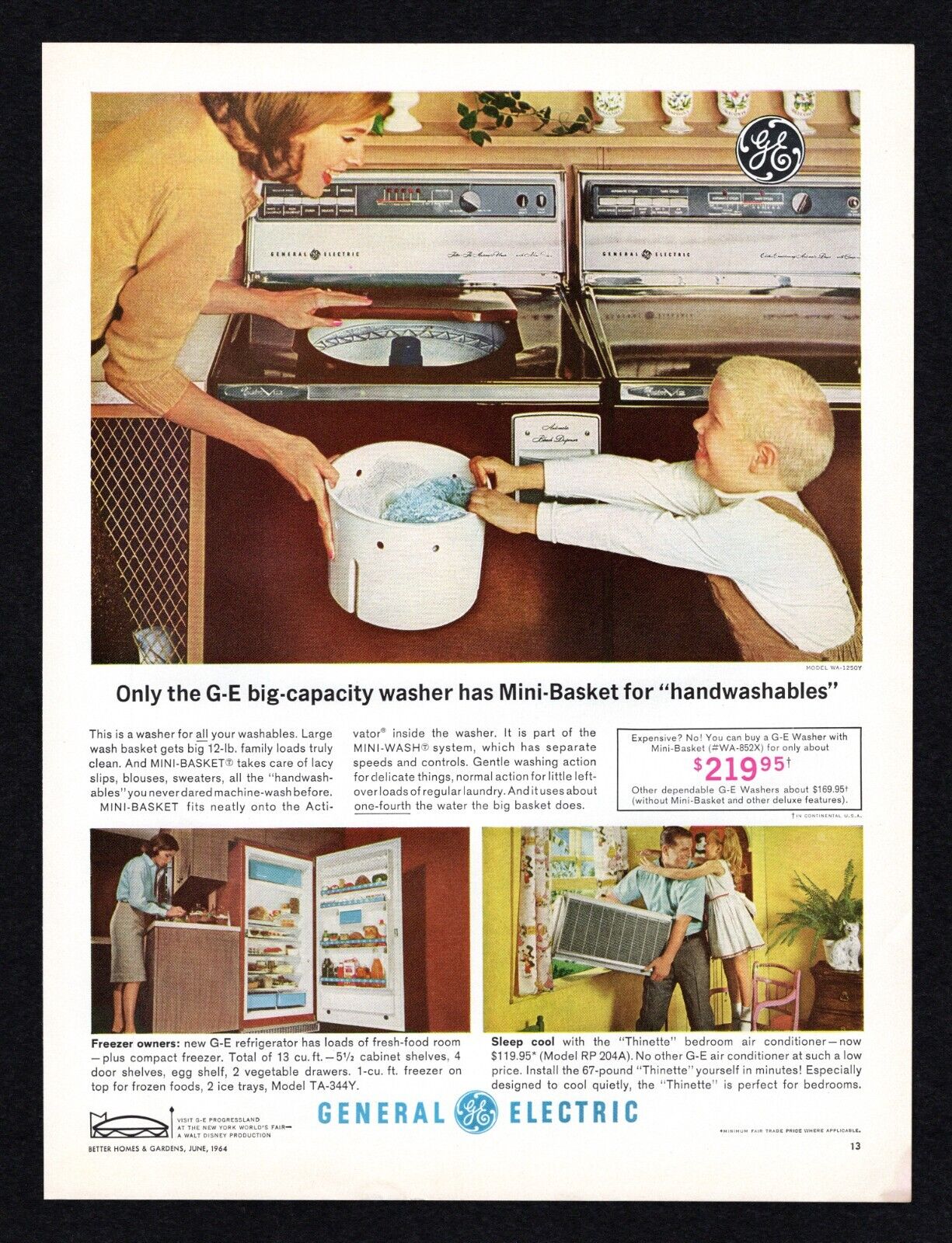 1964 General Electric GE Capacity Washer Mini Basket Handwashables Print Ad Vtg 