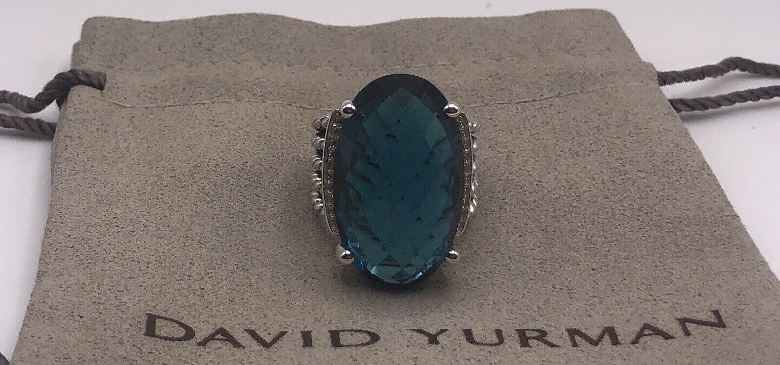 David Yurman Sterling Silver Oval 16x26mm Hampton Blue  Wheaton Cable Ring Sz 8