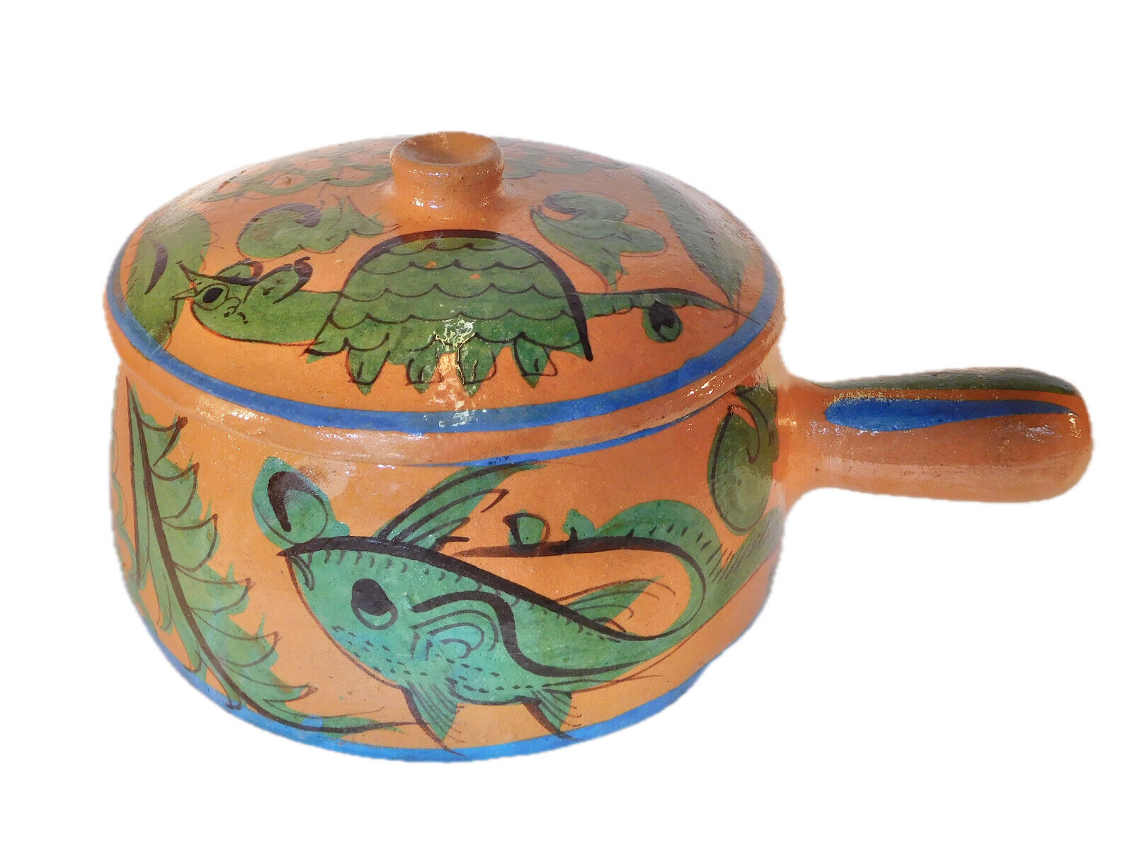 Vintage Mexican Pottery Tlaquepaque Covered Casserole Dish, Turtle & Fish