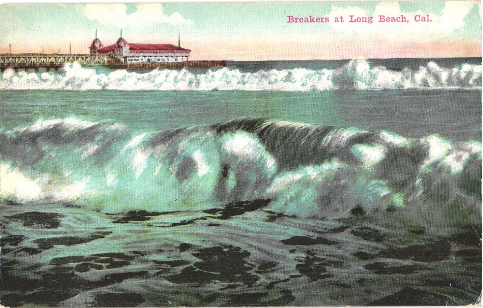 View of Huge Waves, Breakers at Long Beach, California Postcard