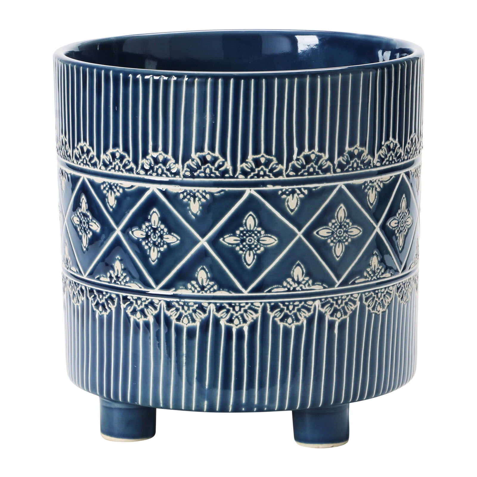Creative Co-Op Debossed Stoneware Footed Planter with Pattern, Blue and White