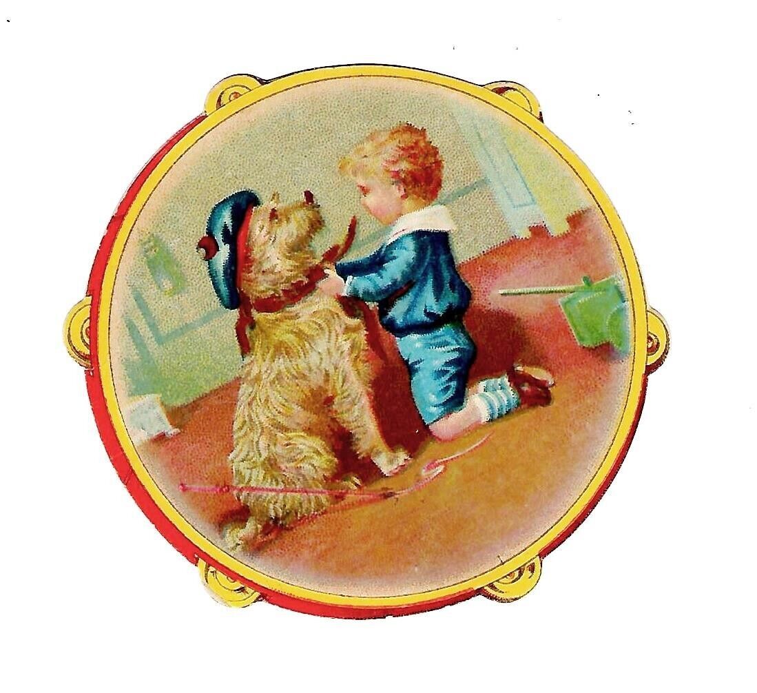 c1890's Stock Trade Card Die-Cut Tambourine, Boy & His Dog With Hat
