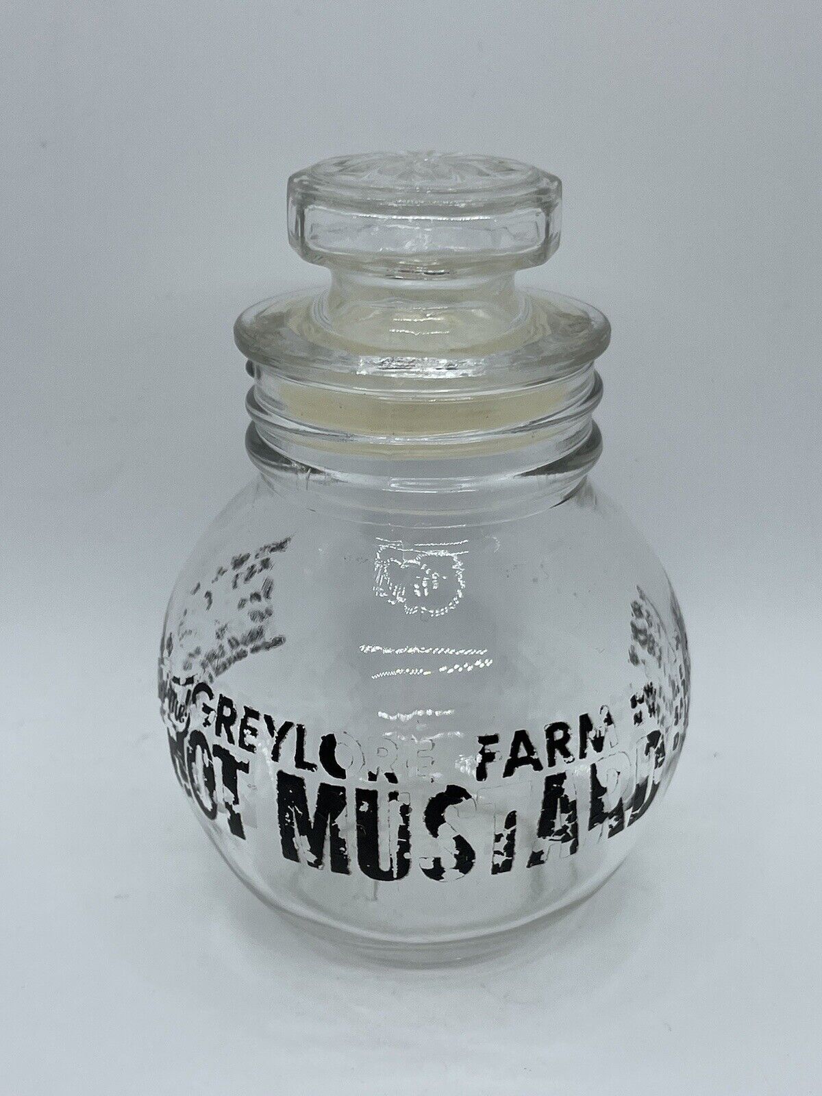 vintage glass mustard Jar With Lid Greylor (?) Farms Hot Mustard Canada 4” Tall