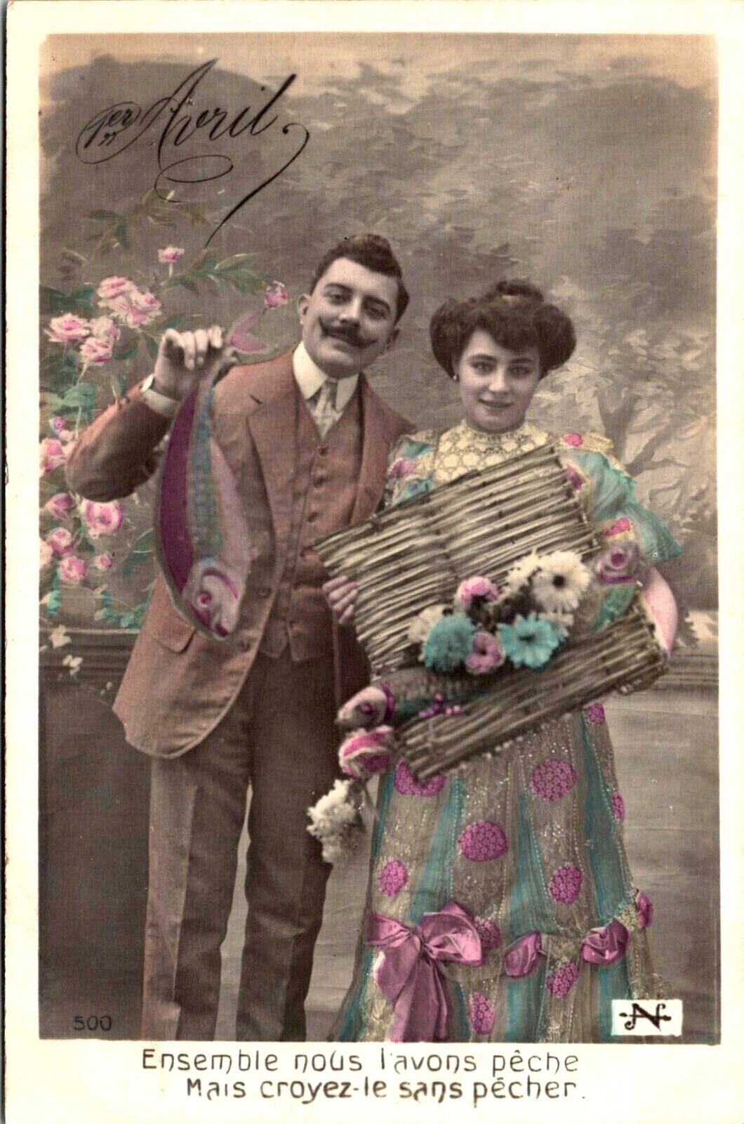 April 1st/April Fish Day France, Couple Holding  Fish, Flowers postcard