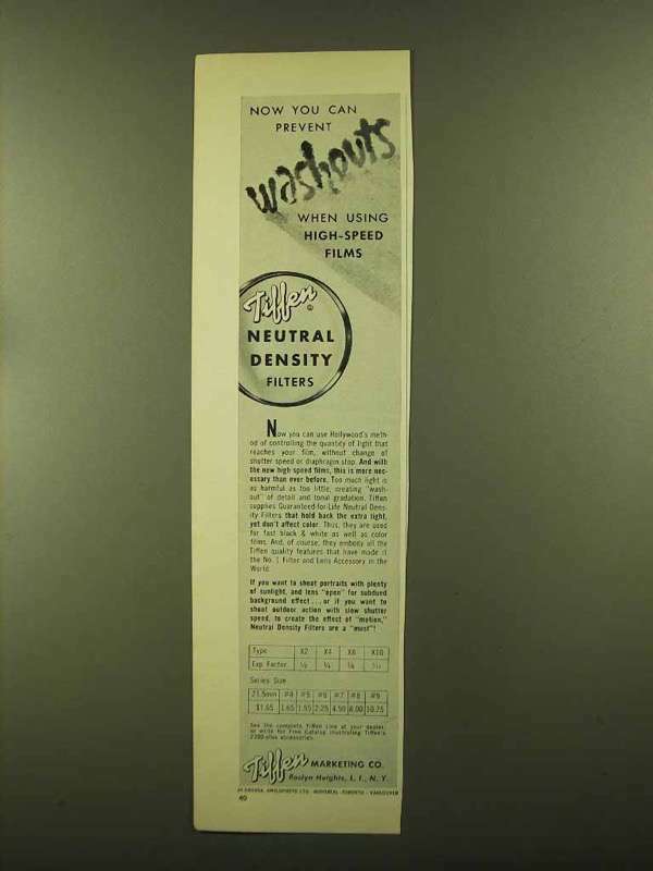 1956 Tiffen Neutral Density Filter Ad, Prevent Washouts