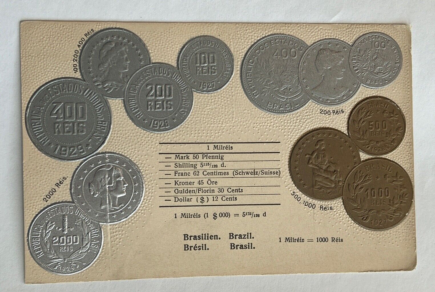 Embossed Coinage National Coins Vintage Postcard Brazil Reis Made in Germany