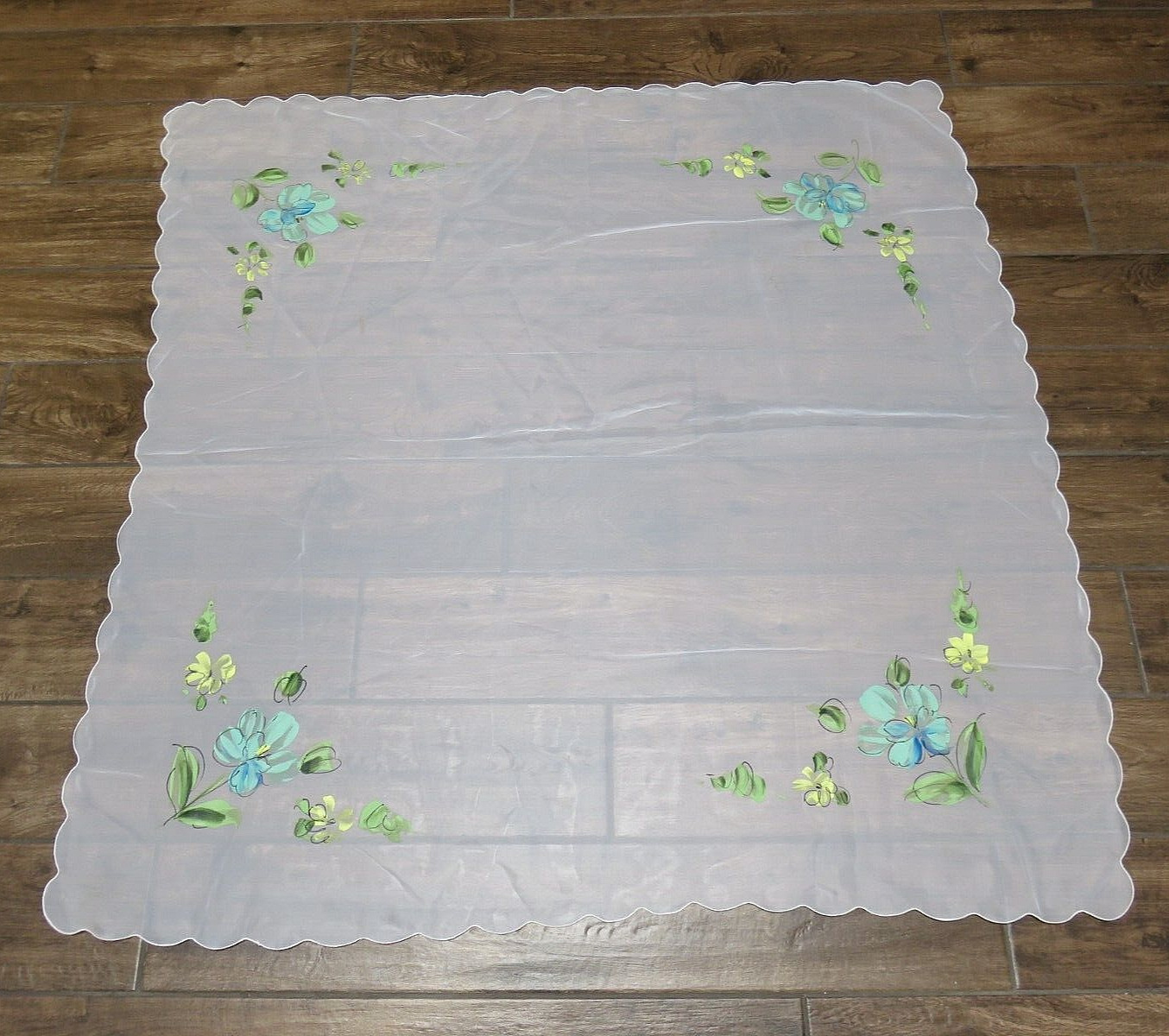 Vintage Sheer Overlay Tablecloth Painted Floral Scalloped Edges 46\