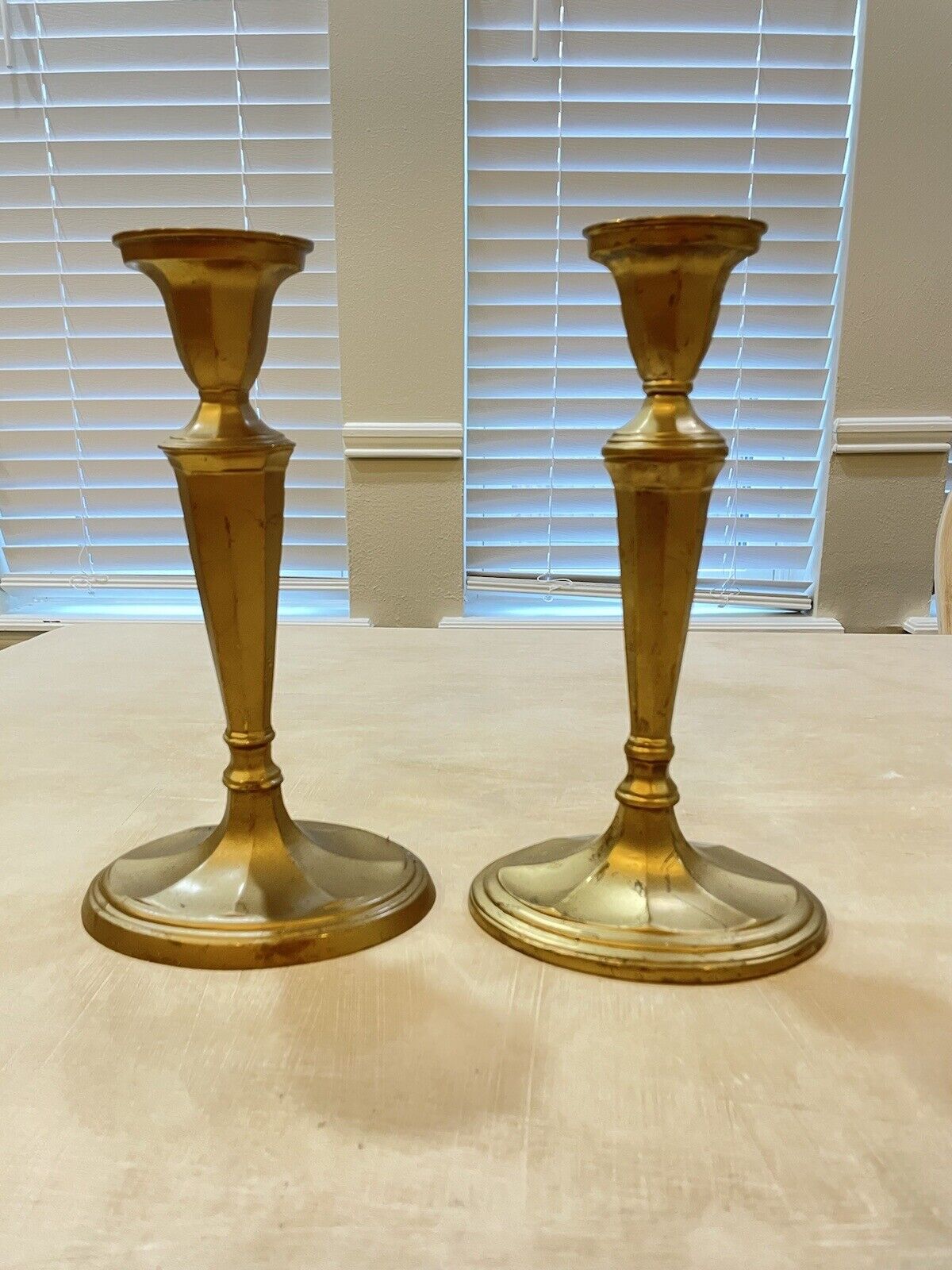 Pair of Two Gold Candlestick Holders - Painted, 11 Inches Tall