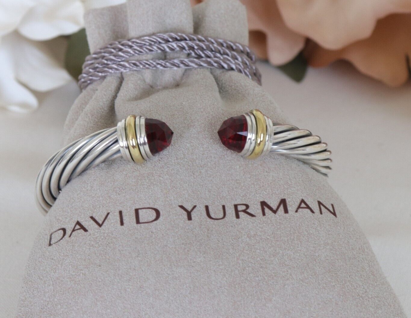 David Yurman Sterling Silver 7mm Cable Bracelet Garnet with 14k Gold size M