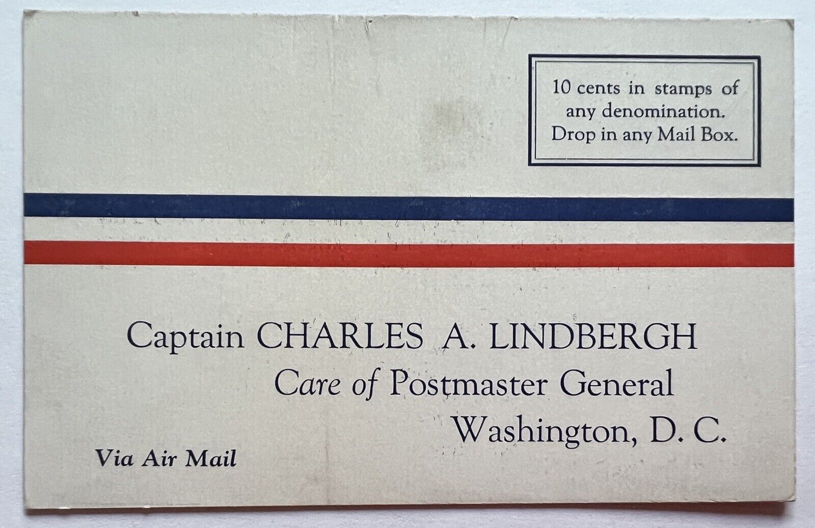 RARE CAPTAIN CHARLES A. LINDBERGH UNUSED POSTCARD, CARE POSTMASTER WASHINGTON DC