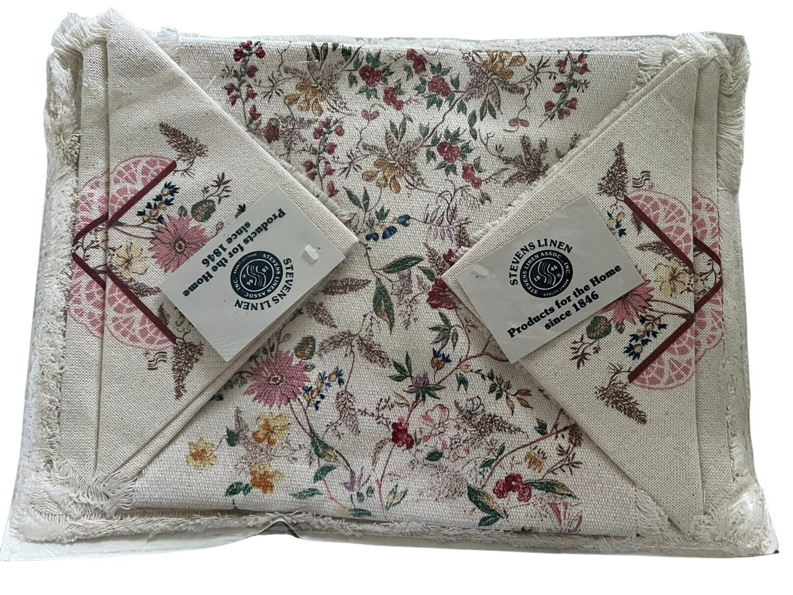Vintage Stevens Linen Placemats Napkins Cup Towel Original Packaging Flowers