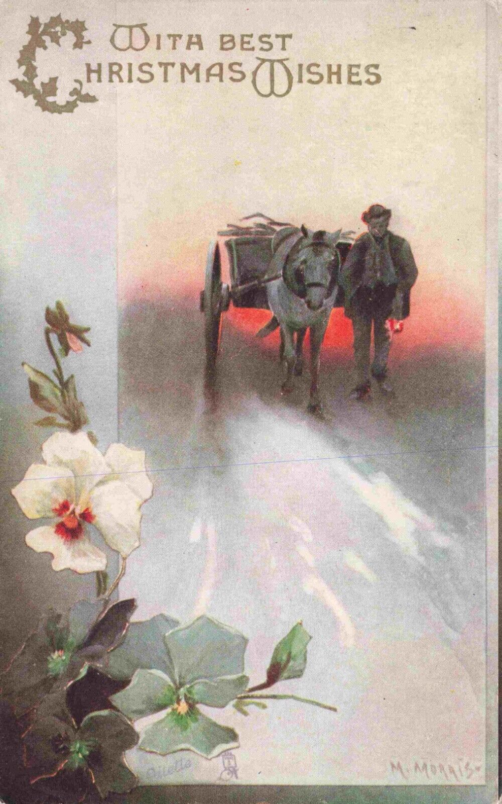 Tuck\'s Oilette Christmas Lonely Man Horse  Cart Artist M Morris Vintage Postcard