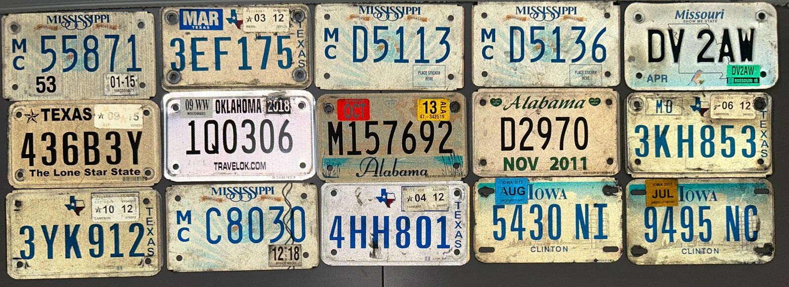 Lot of 15 Vintage Motorcycle License Plates Man Cave/ AS IS / IOWA TX  MO AL