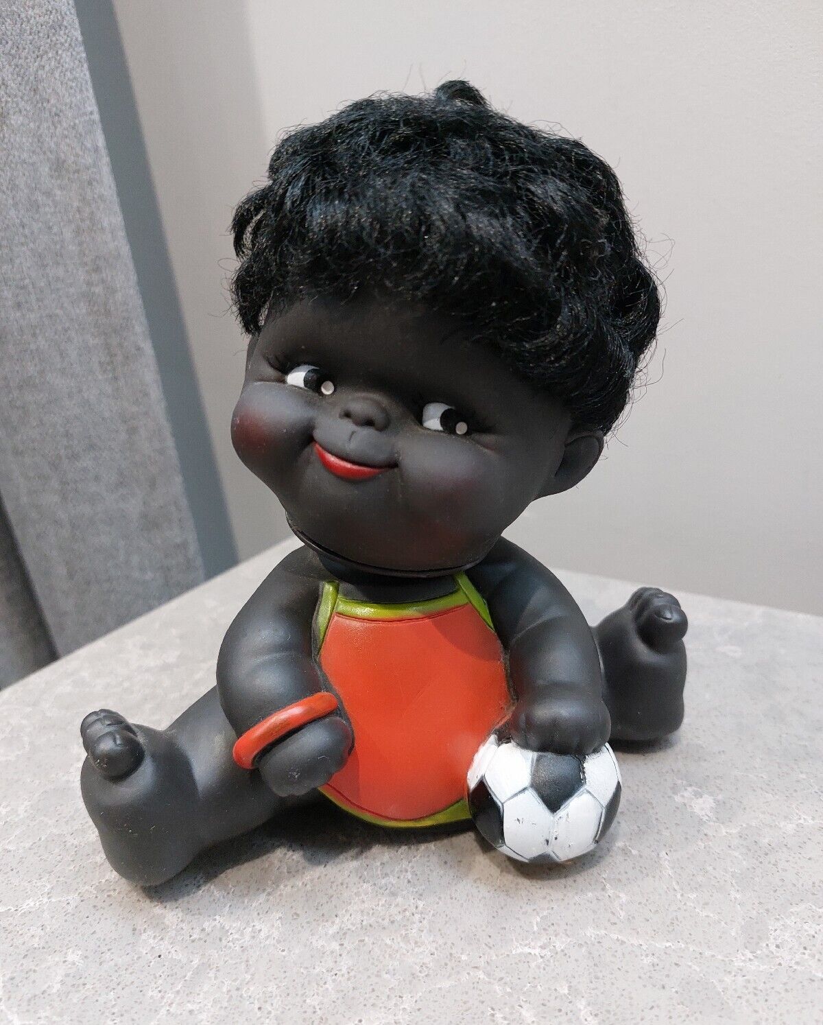 Vintage Rubber Toy Action Wind-up Doll Boy with Soccer Ball. Rare