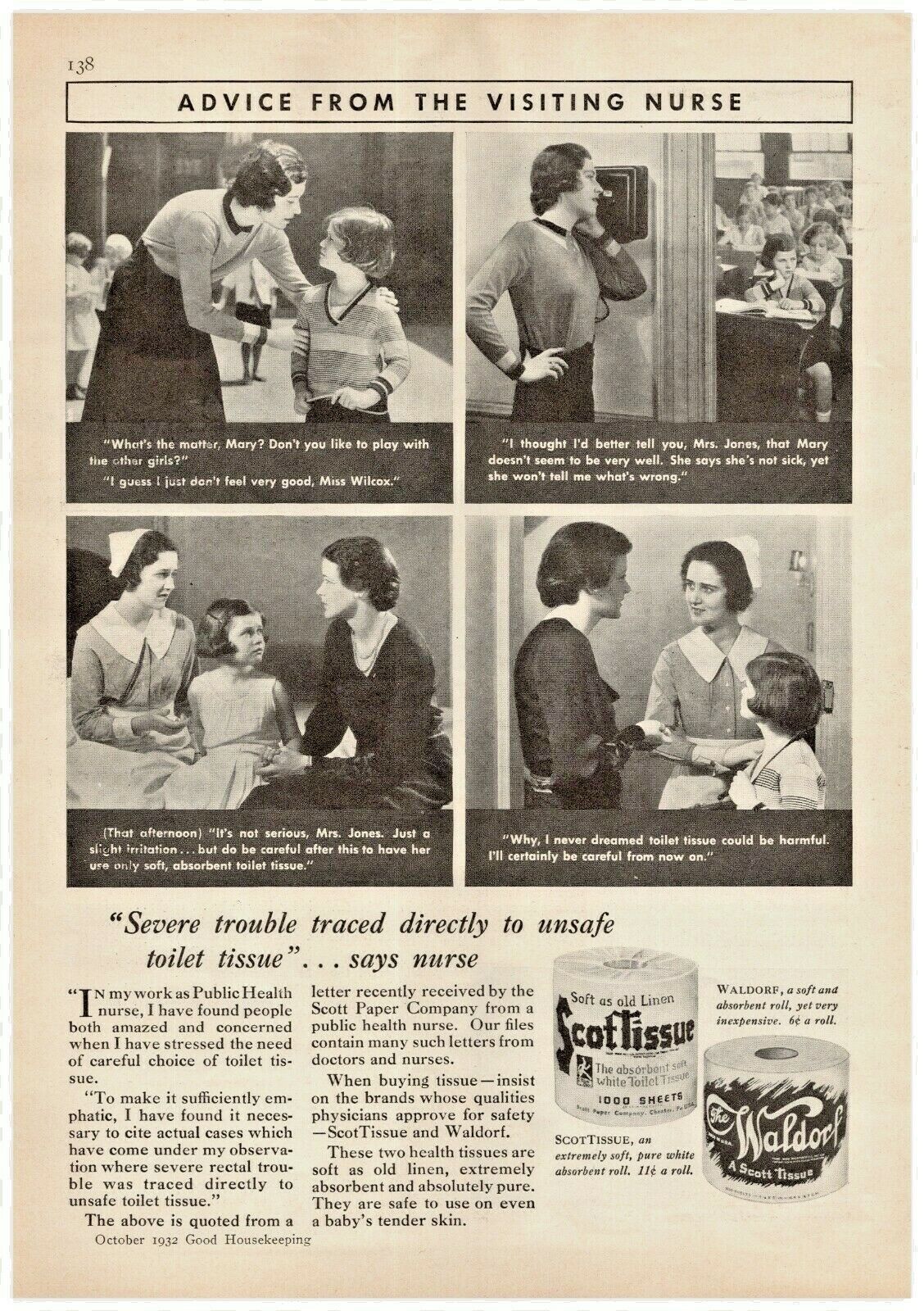 1932 Scott Tissue Toilet Paper Vintage Print Ad Advice From The Visiting Nurse 