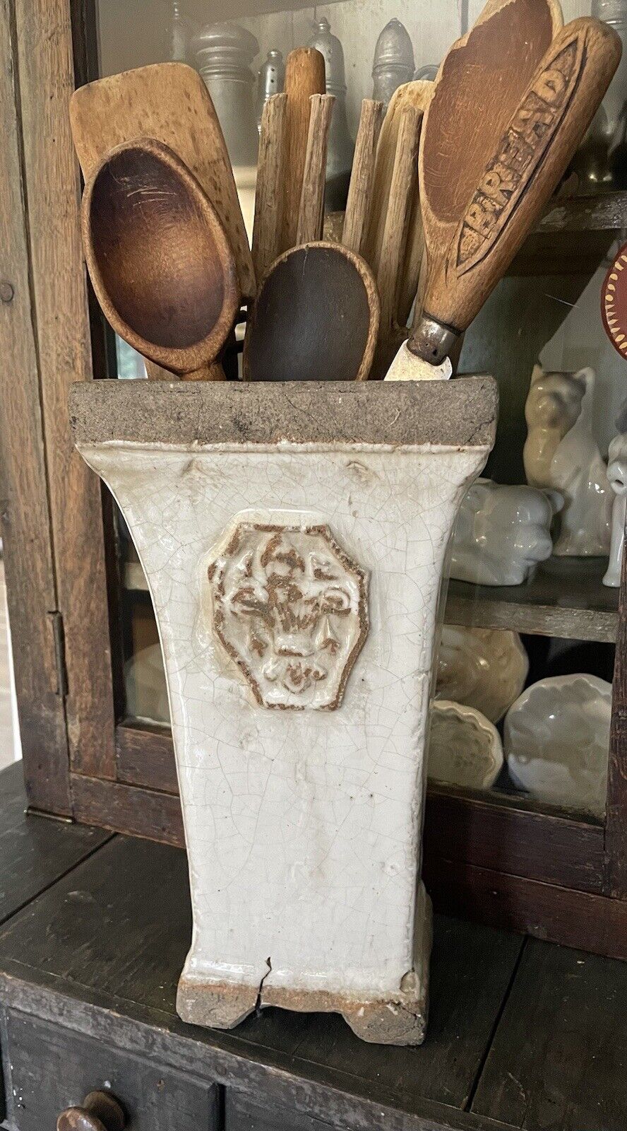 Antiqued Cement Planter Vase ~ Stained Crackle Glaze ~ Faux Greenery