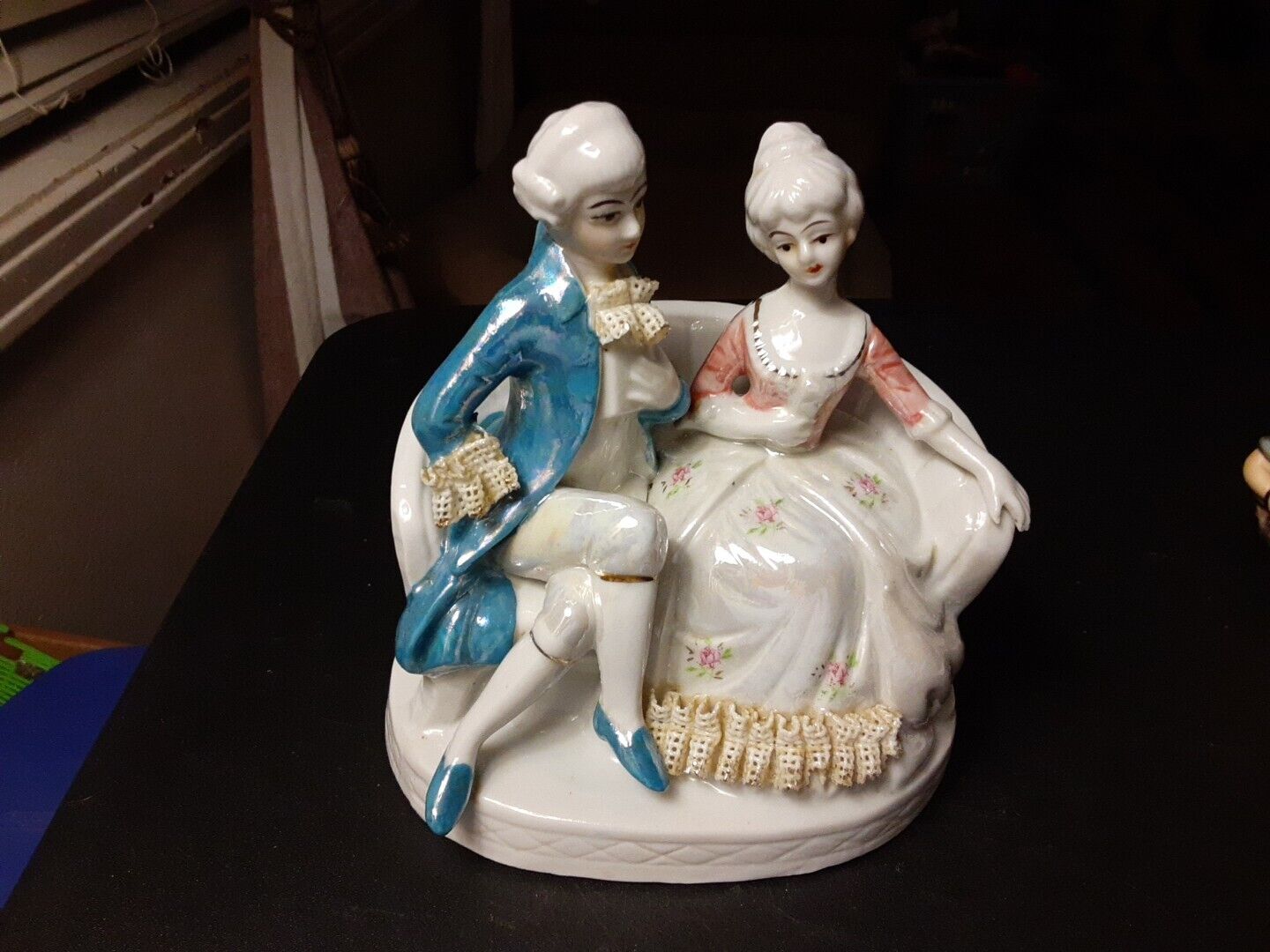 Victorian COURTING COUPLE LUSTERWARE Porcelain Dresden style RUFFLE LACE 