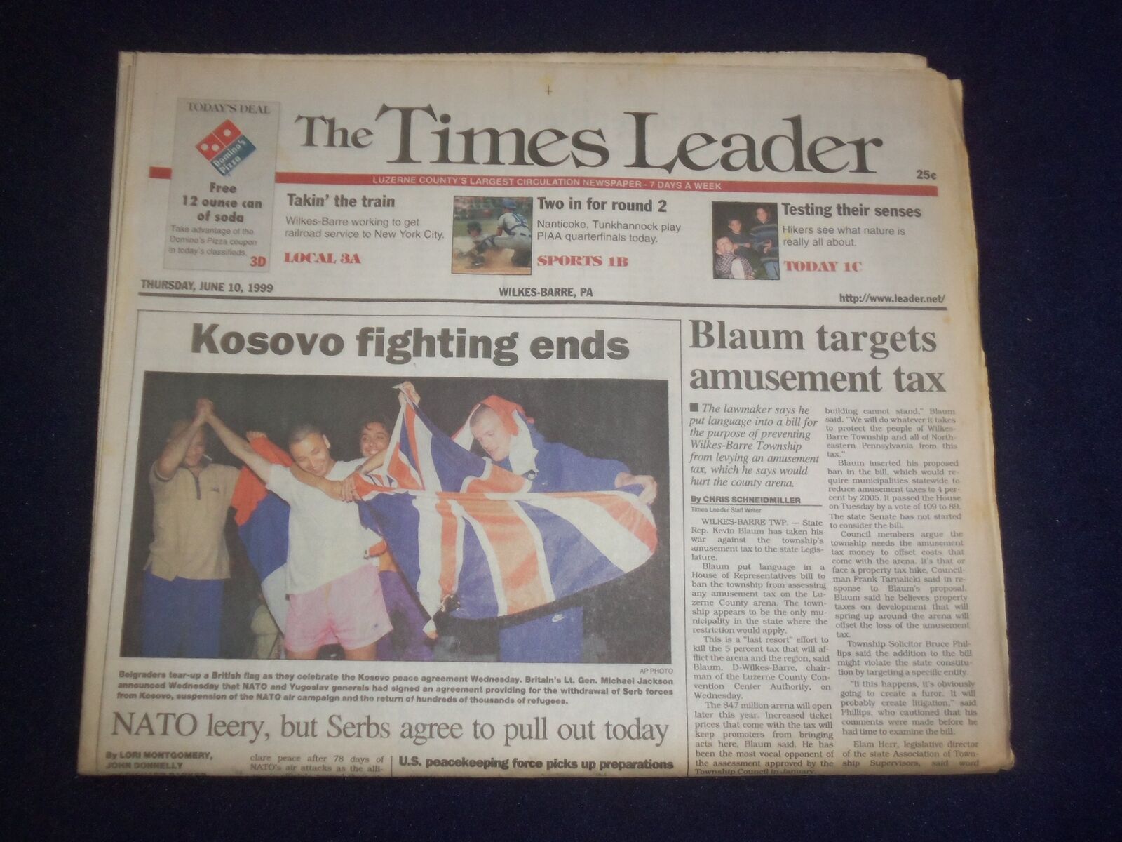 1999 JUNE 10 WILKES-BARRE TIMES LEADER - KOSOVO FIGHTING ENDS - NP 8259