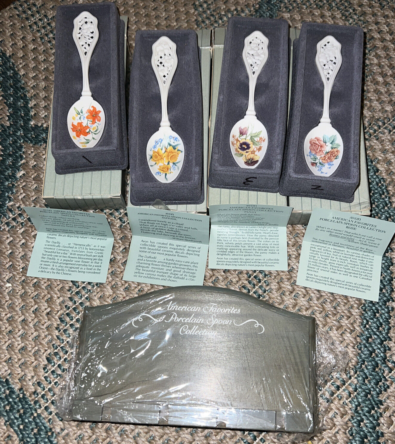 Vintage Avon Bisque Porcelain Spoons Pansies Roses, Daffodils, Day Lillys NWB