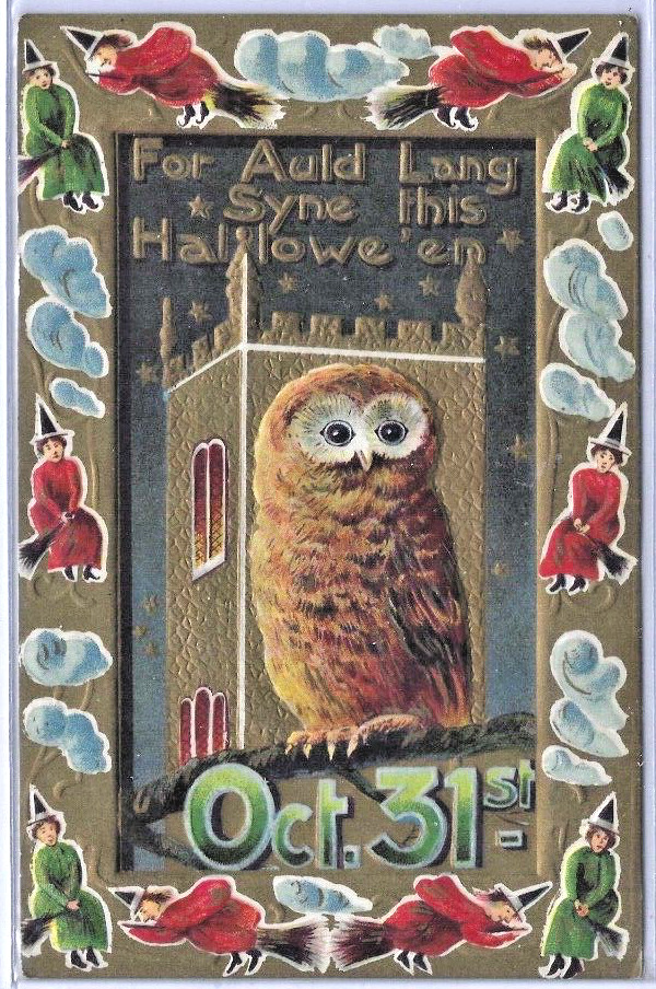 1910 Halloween Postcard Owl Witch Castle Gold AULD LANG SYNE #2279