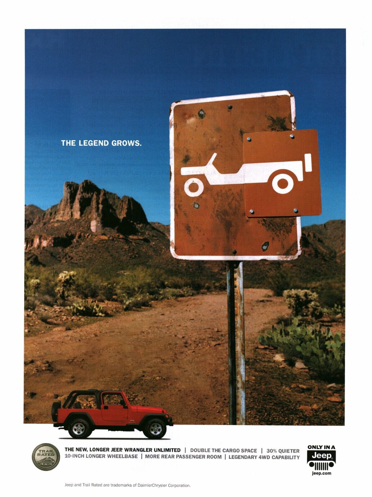 2004 PRINT AD - JEEP - NEW LONGER JEEP WRANGLER UNLIMITED . THE LEGEND GROWS