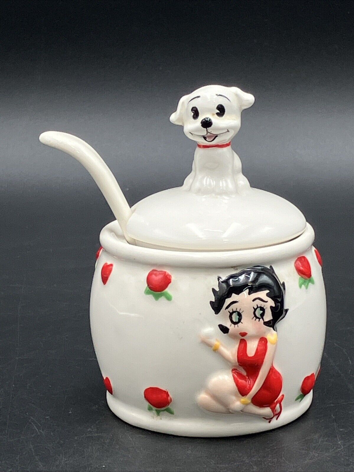 Betty Boop Ceramic Red Roses NJ Croce NJCroce Sugar Bowl With Dog Lid.  Rare.