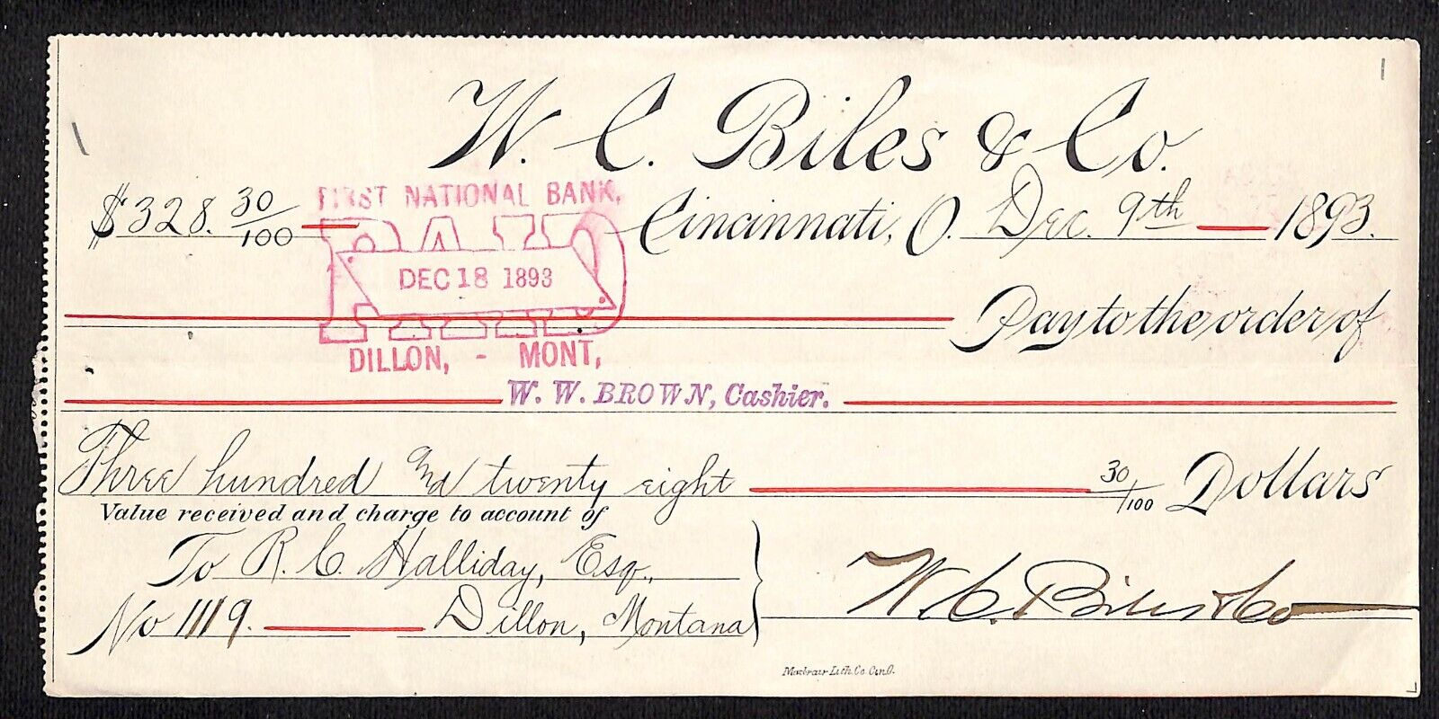1893 Cincinnati Bank Check W. C. Biles & Co. Large / Scarce
