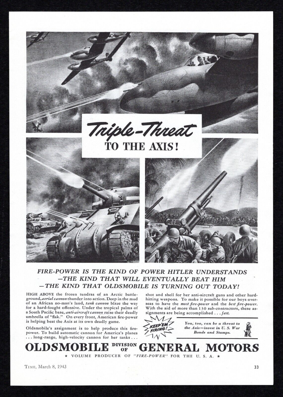 1943 Oldsmobile GM Triple Threat to Axis Fire Power Hitler Understands Print Ad