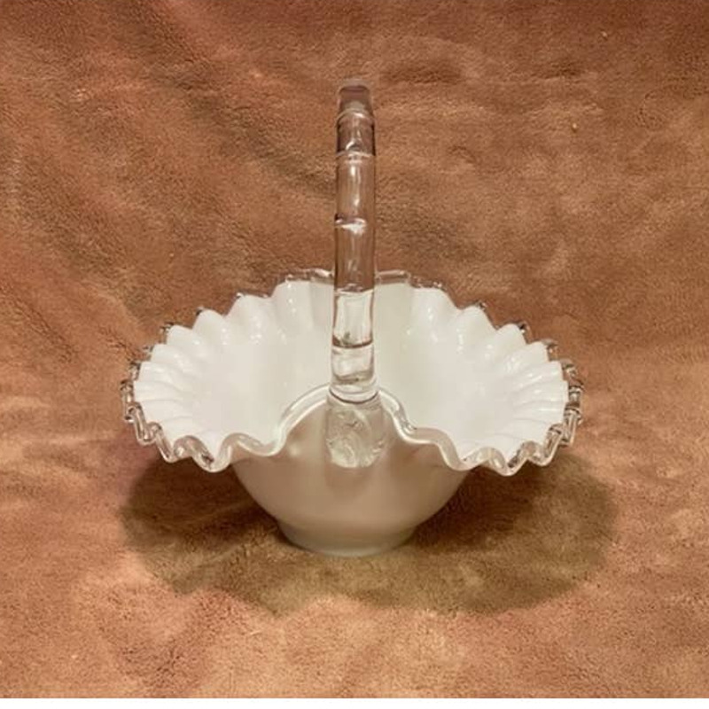 Vintage Fenton Silver Crest Ruffled White Milk Glass Decorative Basket (1960s)