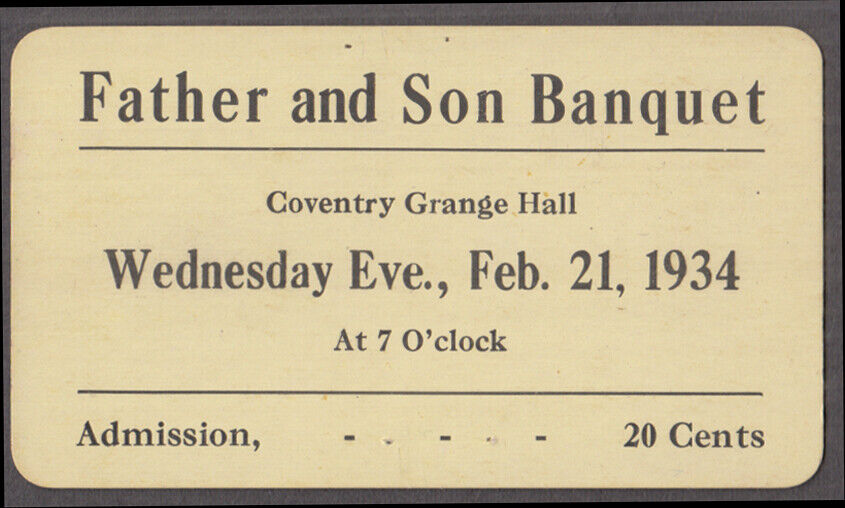 Father & Son Banquet Coventry Grange Hall tcket 1934 CT