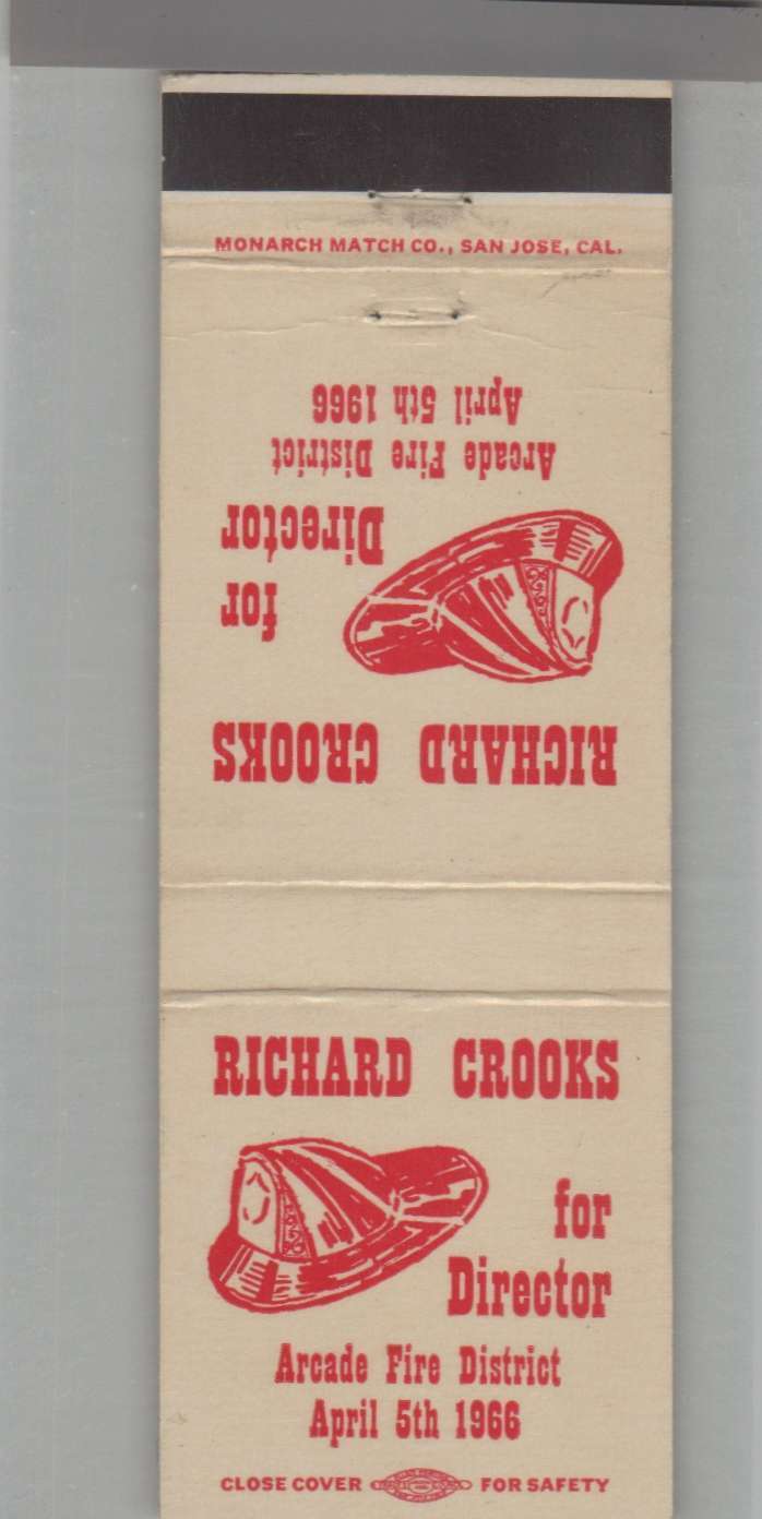 Matchbook Cover - Fire Related - Richard Crooks For Arcade Fire District Directo