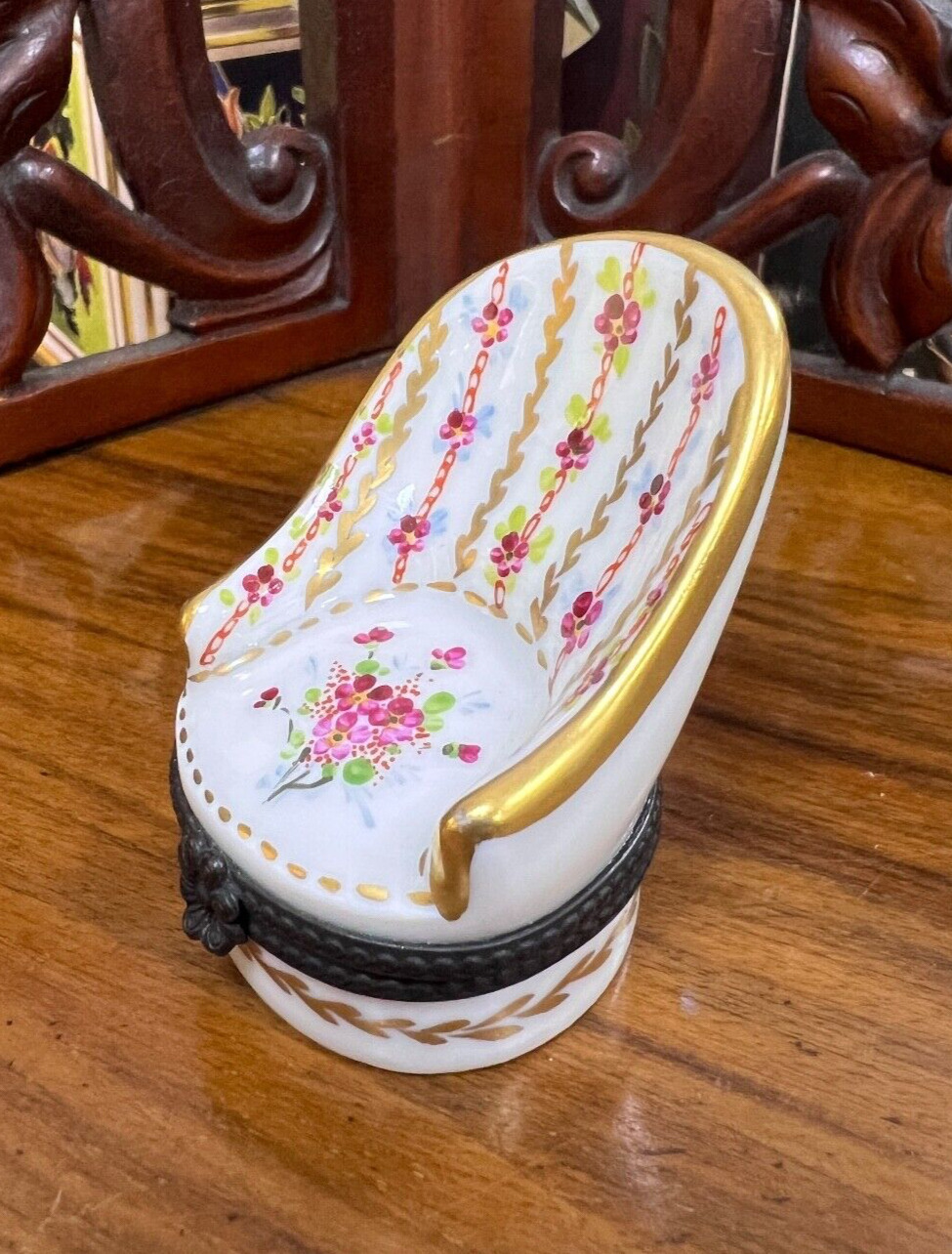 Vintage French Limoges Porcelain Trinket Box Chair Flowers Signed