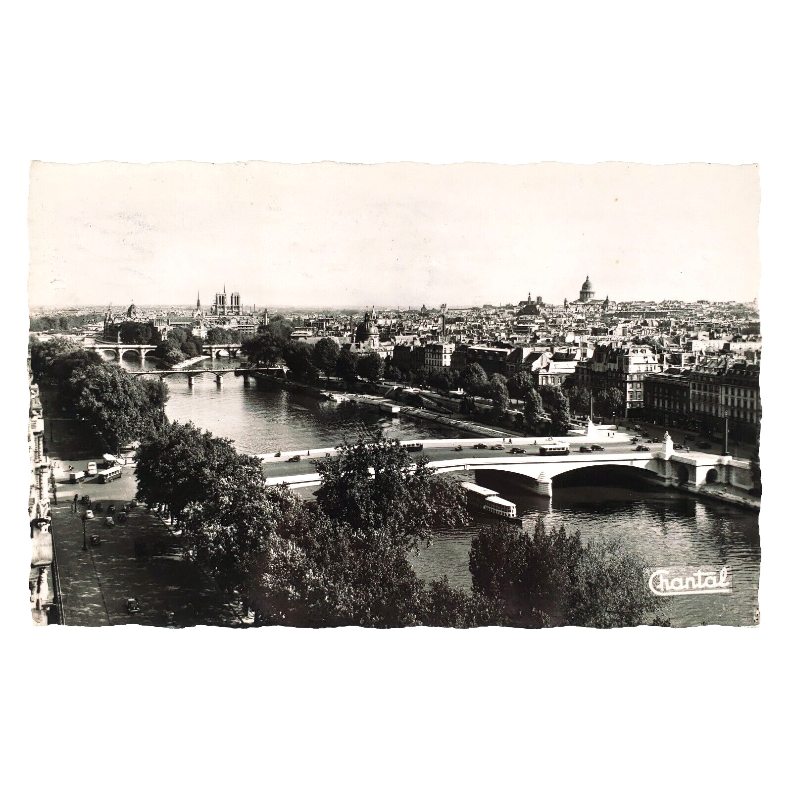 Seine River Bridges Paris RPPC Postcard 1950s France City Skyline & Street C3432