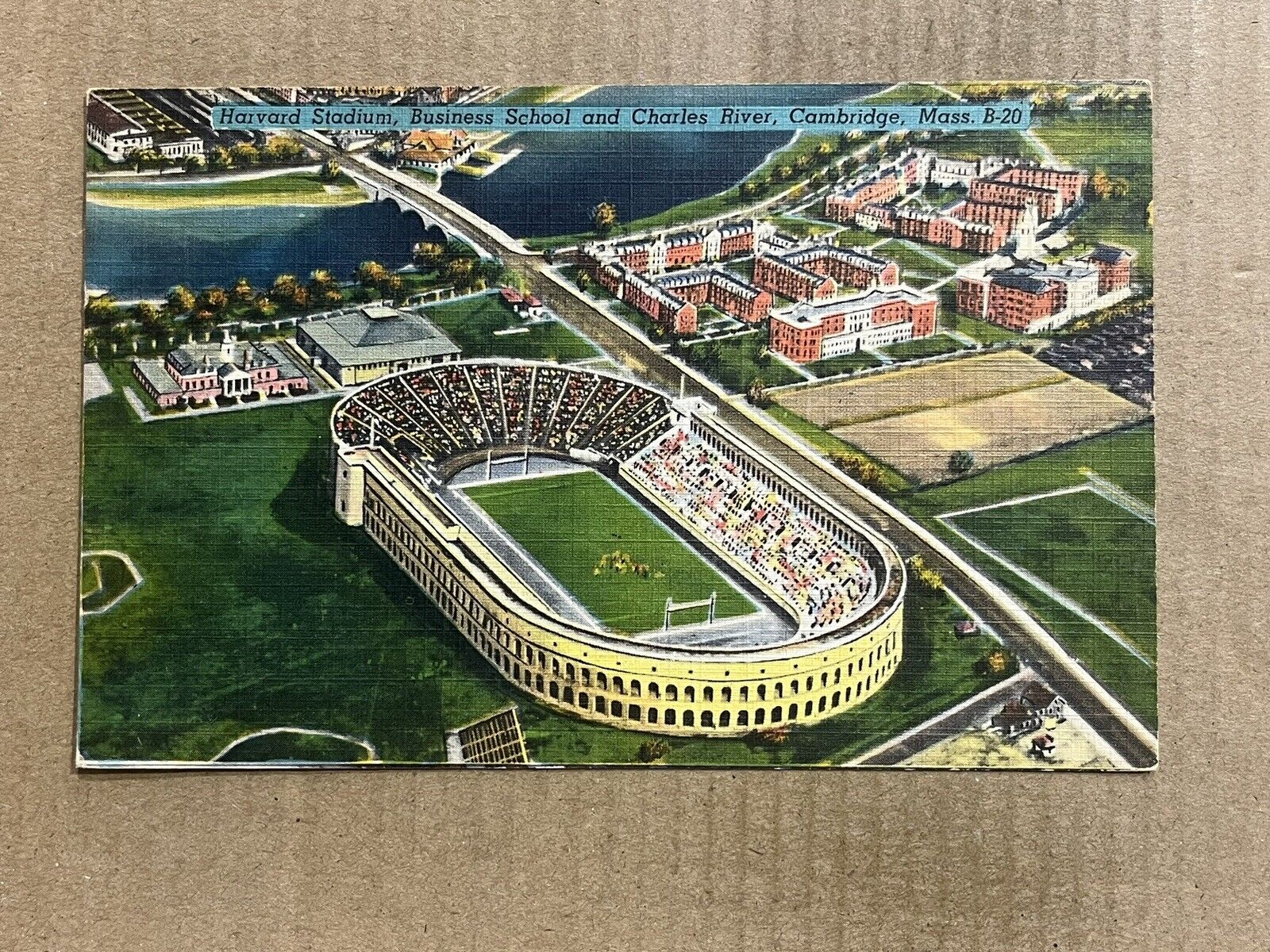 Postcard Cambridge MA Harvard Campus Football Stadium Business School River