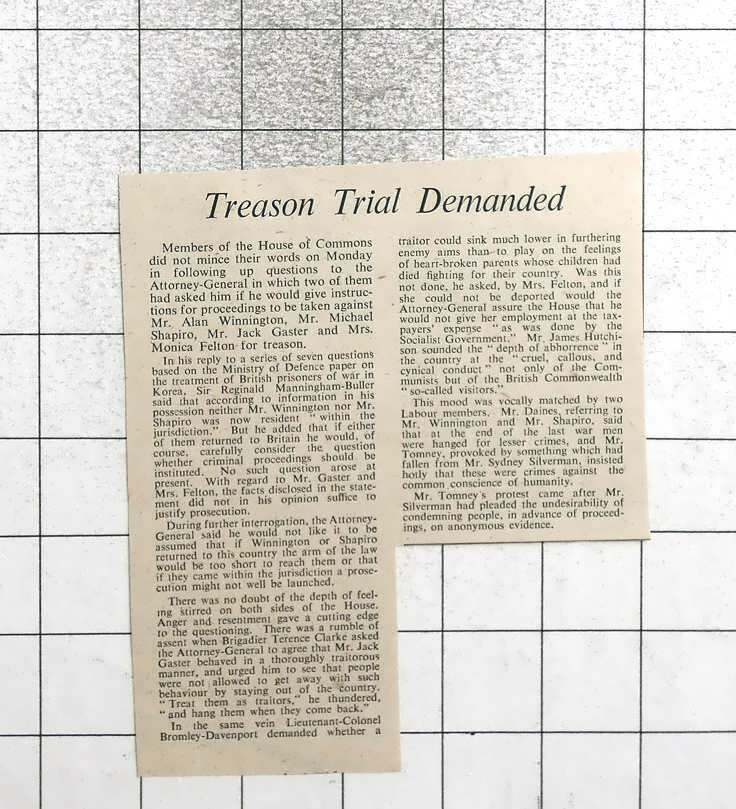 1955 Treason Trial Demanded Against Winnington Shapiro Gaster And Felton