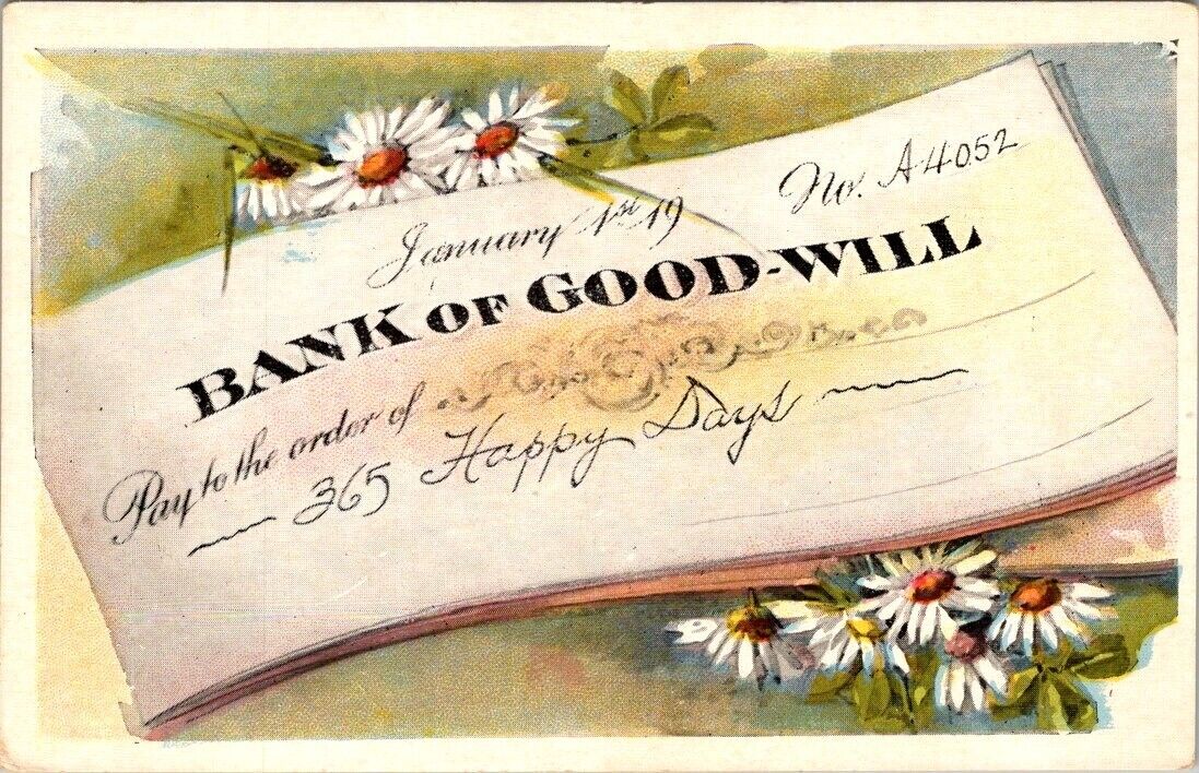 vintage postcard- Happy Birthday BANK OF GOOD-WILL check 365 happy days unposted
